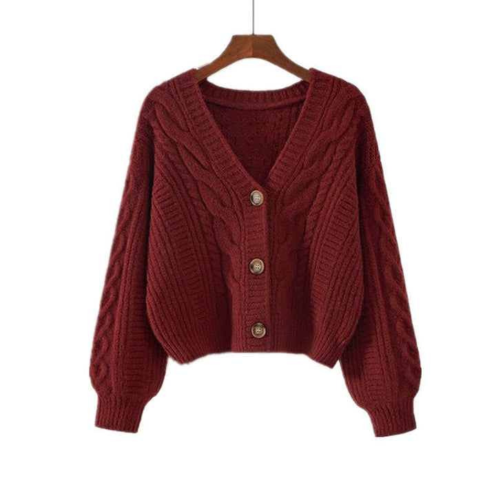 Damen Strickjacke mit ausgefallenem Zopfmuster und tiefem V-Ausschnitt Drune