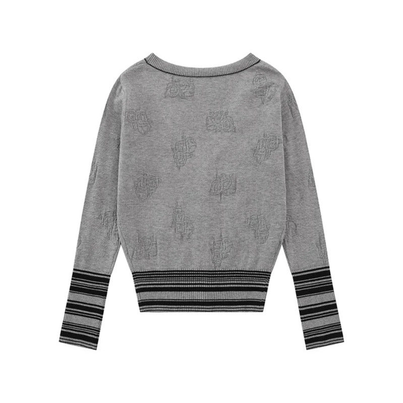 Damen Strickjacke mit V‑Ausschnitt, feinem Jacquardmuster und kontrastierenden Bündchen Drune