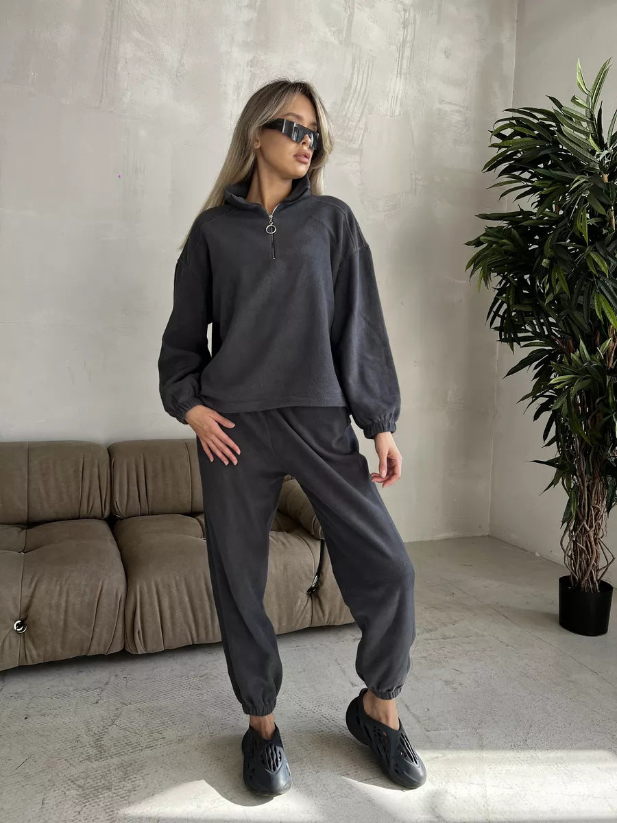 Damen lässiges Fleece-Jogginganzug Set mit Stehkragen und halbhohem Reißverschluss Drune