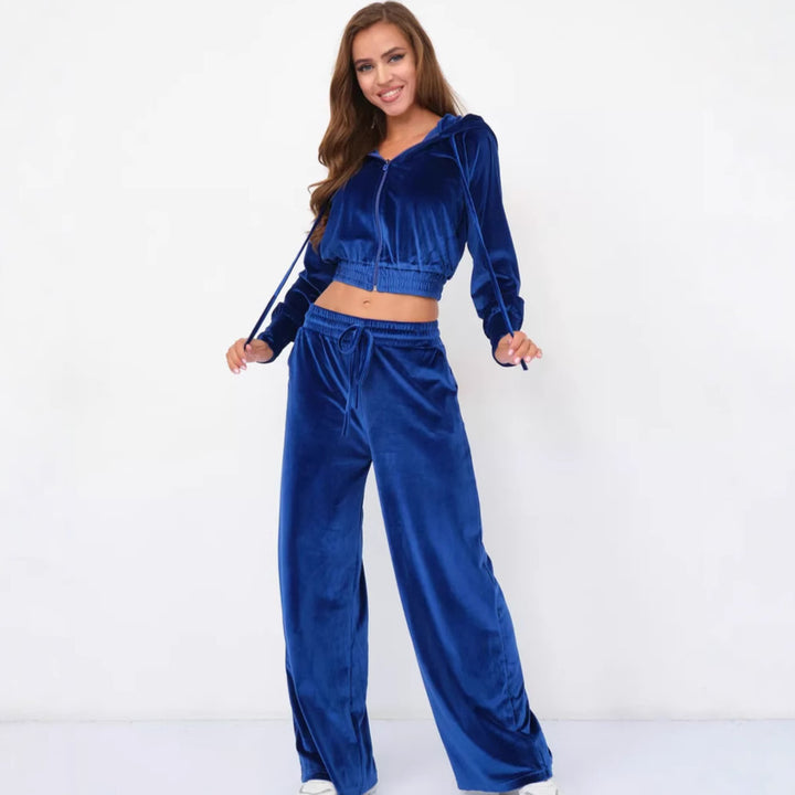 Damen luxuriöses Velours-Lounge-Set mit kurzem Reißverschluss-Hoodie und weitem Comfort-Hose Drune