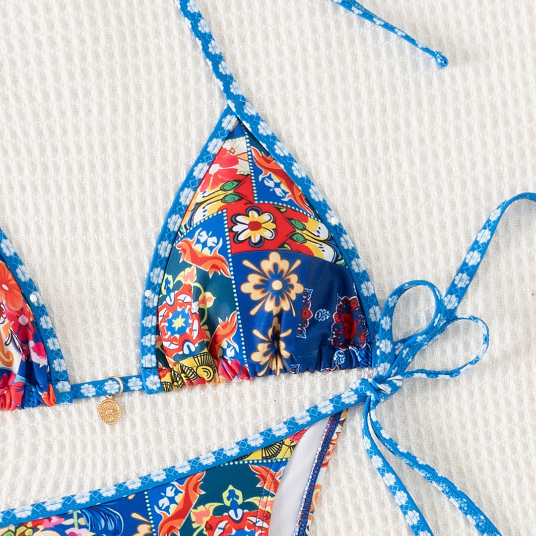 Damen Triangel-Bikini mit floralem Muster und Raffungen Drune