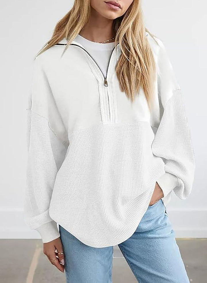 Damen Oversize-Halbzip-Pullover mit Waffelstrick-Einsätzen Drune