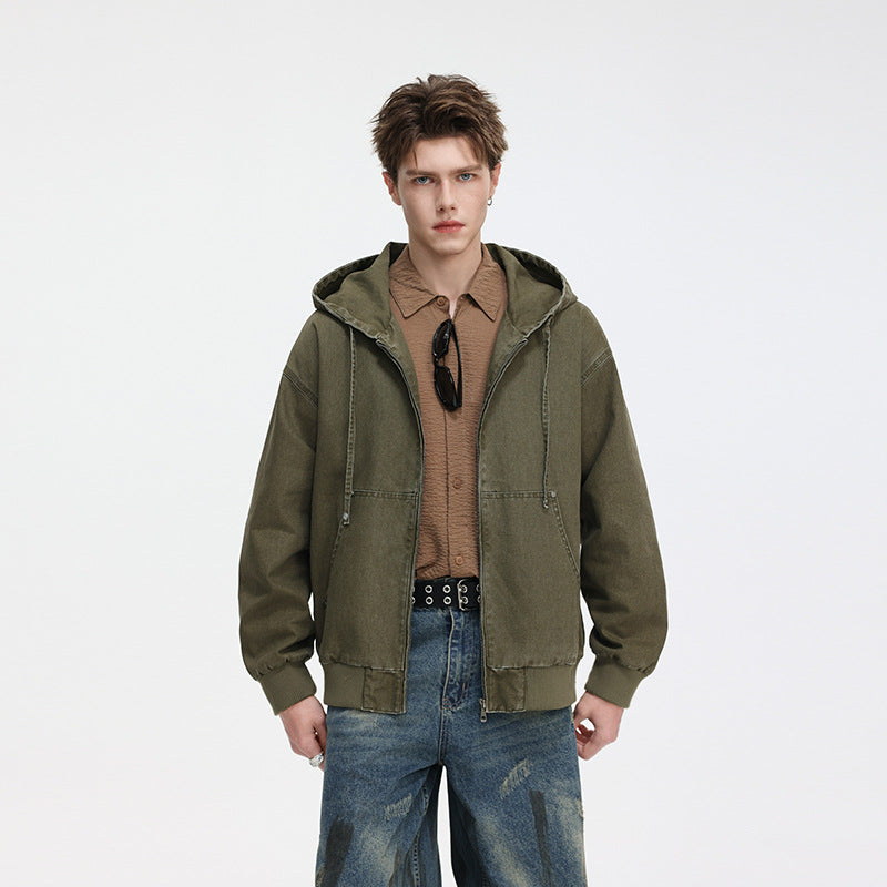 Herren Oversize Kapuzenjacke aus gewaschenem Canvas mit Reißverschluss und Utility-Taschen Drune