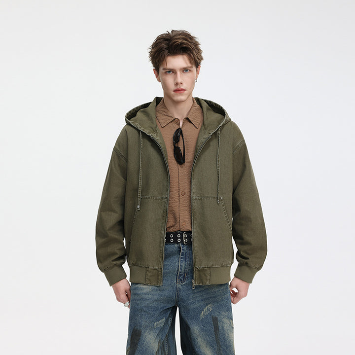 Herren Oversize Kapuzenjacke aus gewaschenem Canvas mit Reißverschluss und Utility-Taschen Drune