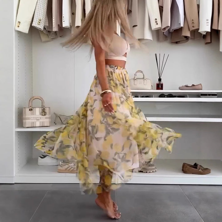 Damen nan fließender Maxi-Rock mit mehrlagigem Chiffon-Overlay, elastischem Bund und feinem Blumenprint Drune