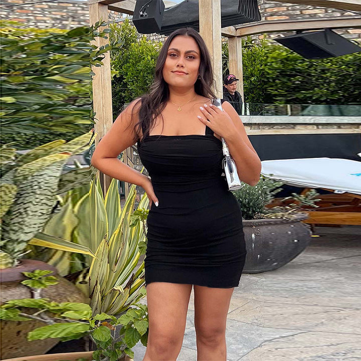 Damen Figurbetontes Minikleid mit elegantem Rüschendesign und Spaghetti-Trägern Drune