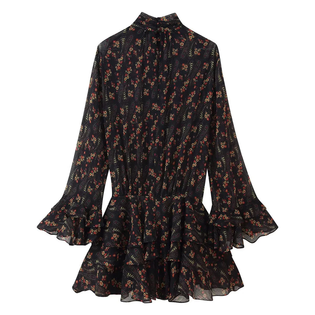 Damen nan fließendes Chiffon-Minikleid mit Stehkragen langen Volantärmeln und mehrstufigem Stufenrock Drune