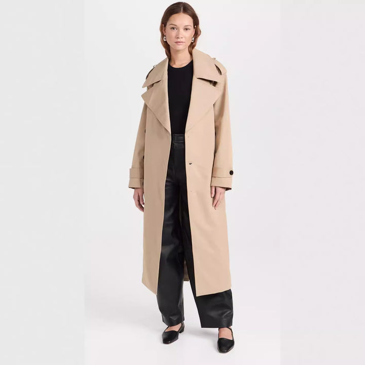 Damen Langer Trenchcoat aus Baumwollmix mit doppelreihiger Knopfleiste, Taillengürtel und Schulterklappen Drune