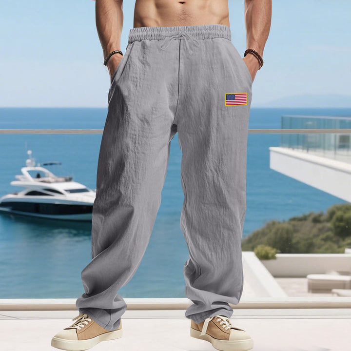 Herren Maritime Relaxed‑Fit Leinenoptik-Freizeithose mit Tunnelzug & Flaggen-Patch Drune