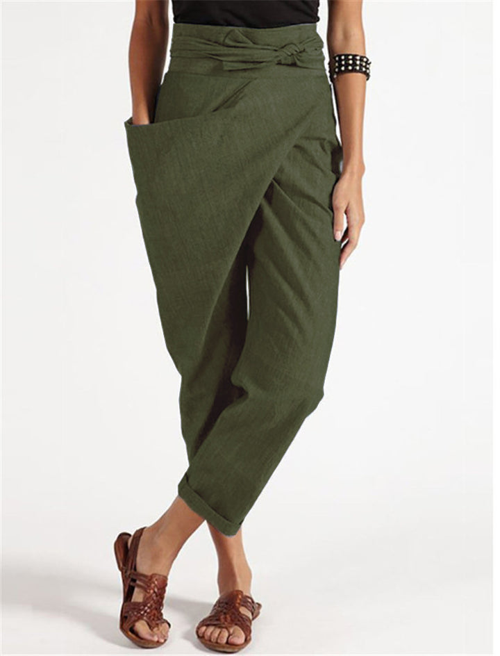 Damen nan Wickelhose aus Leinenmix mit hohem Taillenbund, überlappender Vorderseite und großzügiger Eingrifftasche Drune