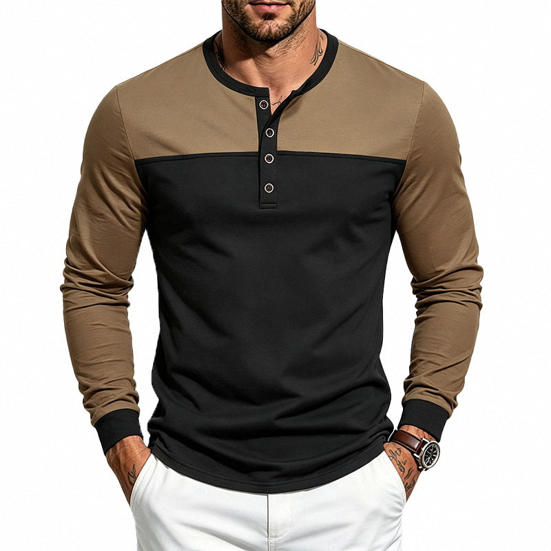 Herren Slim-Fit Henley-Langarmshirt mit kontrastiertem Einsatz und Knopfleiste Drune