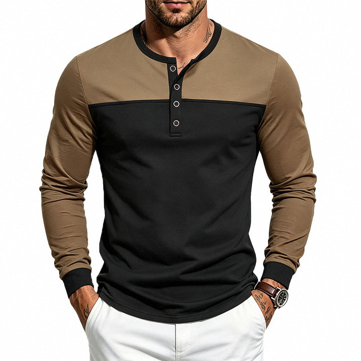 Herren Slim-Fit Henley-Langarmshirt mit kontrastiertem Einsatz und Knopfleiste Drune