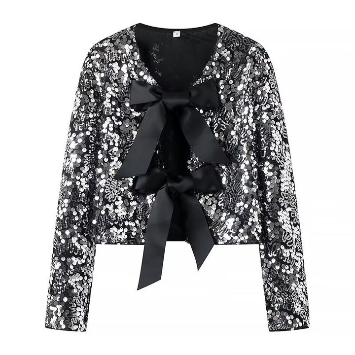 Damen nan Pailletten-Bolerojacke mit doppelt gebundenen Satin‑Schleifen und kurzer Cropped‑Silhouette Drune