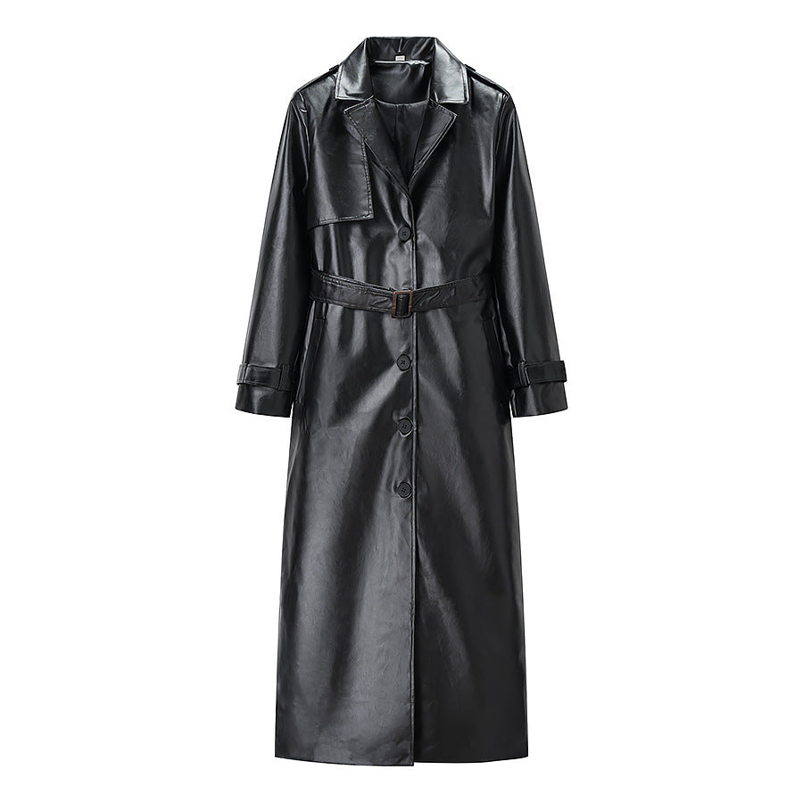 Damen Langer Kunstleder-Trenchcoat mit Taillengürtel und Epauletten Drune