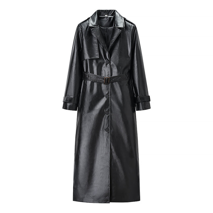 Damen Langer Kunstleder-Trenchcoat mit Taillengürtel und Epauletten Drune