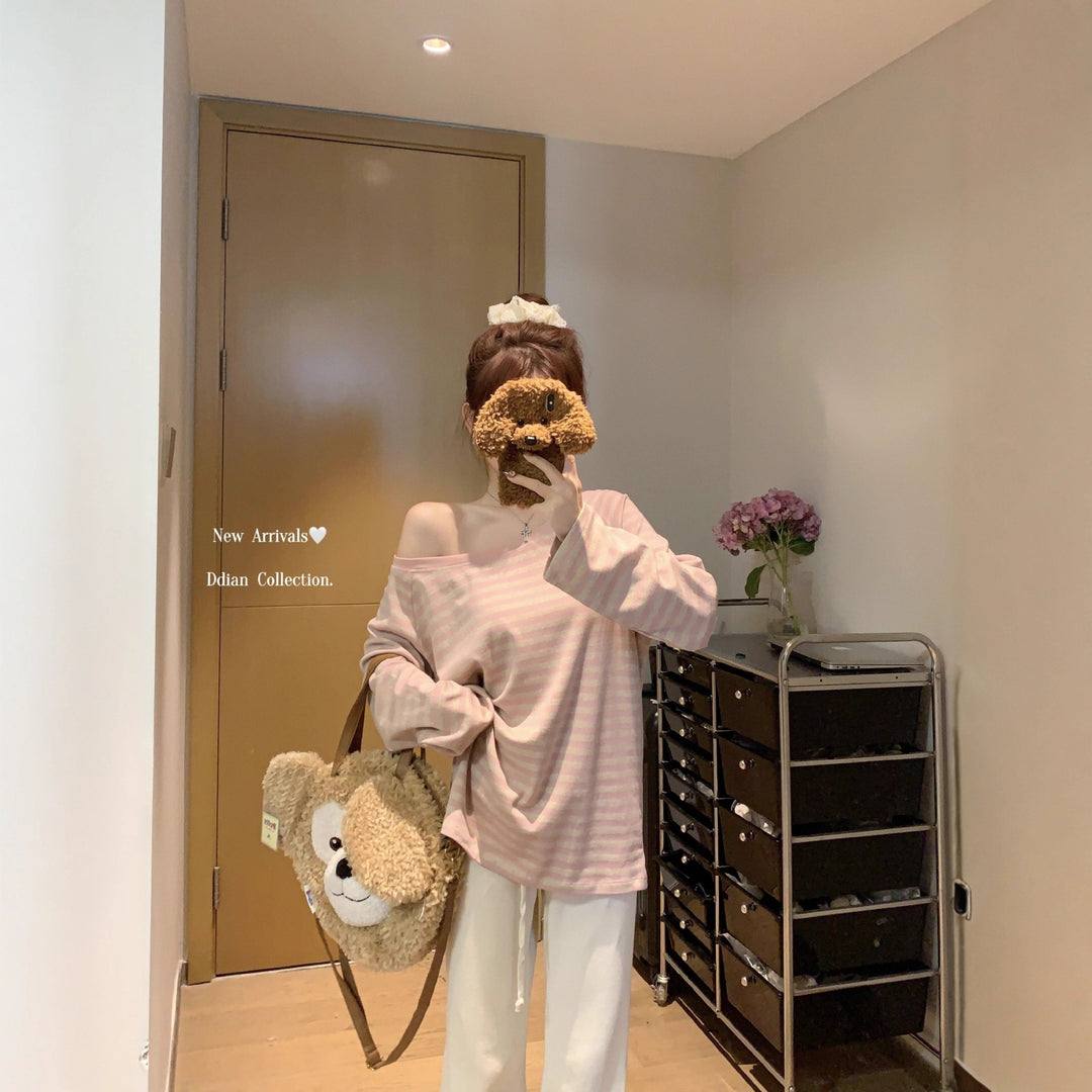 Damen lässiges Oversized-Off-Shoulder Langarmshirt mit Streifenmuster Drune
