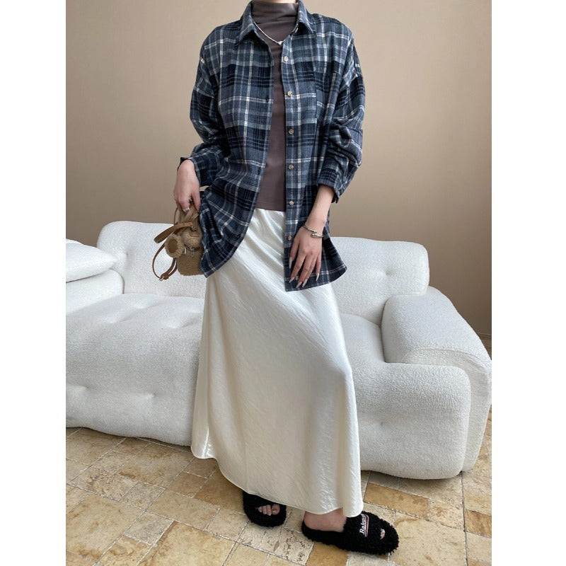Damen lässige Overshirt-Bluse mit karierter Struktur und bequemen Ärmeln Drune