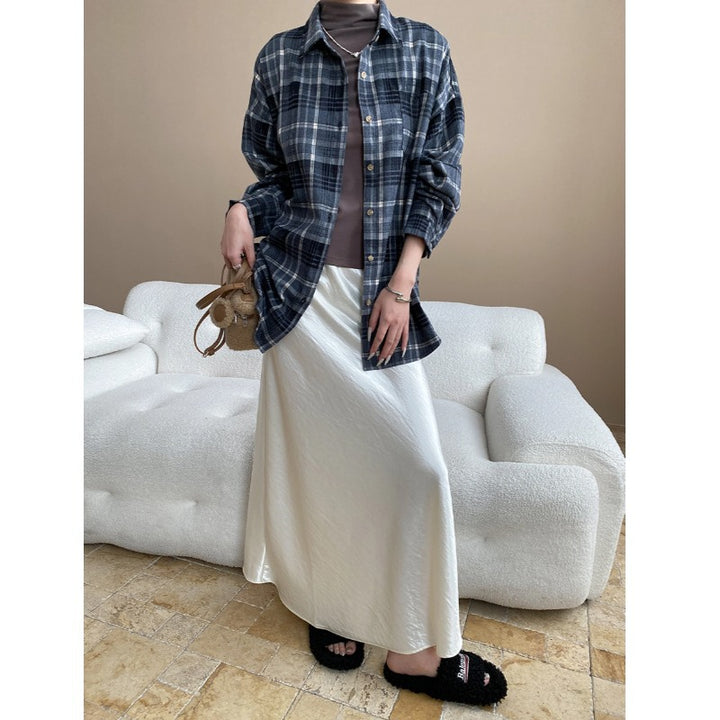 Damen lässige Overshirt-Bluse mit karierter Struktur und bequemen Ärmeln Drune