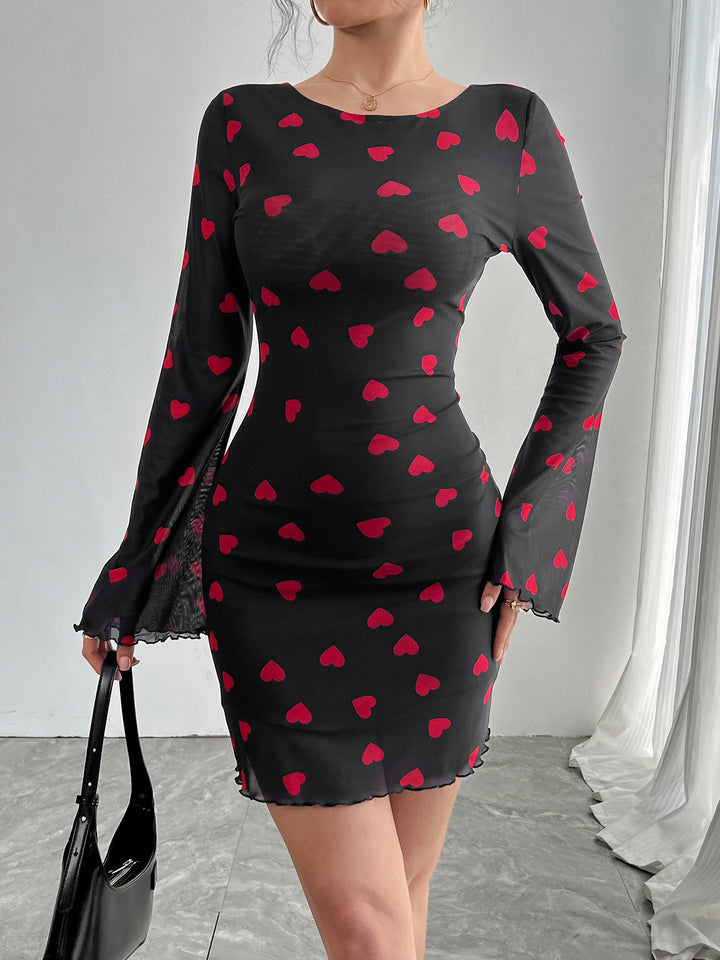 Damen nan figurbetontes Mini-Kleid aus feinem Netzstoff mit Herzmuster und Trompetenärmeln Drune