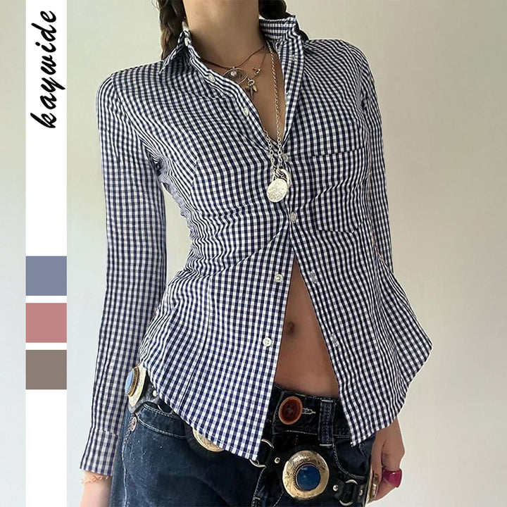 Damen nan taillierte Karobluse mit Hemdkragen, durchgehender Knopfleiste und geschwungenem Saum Drune