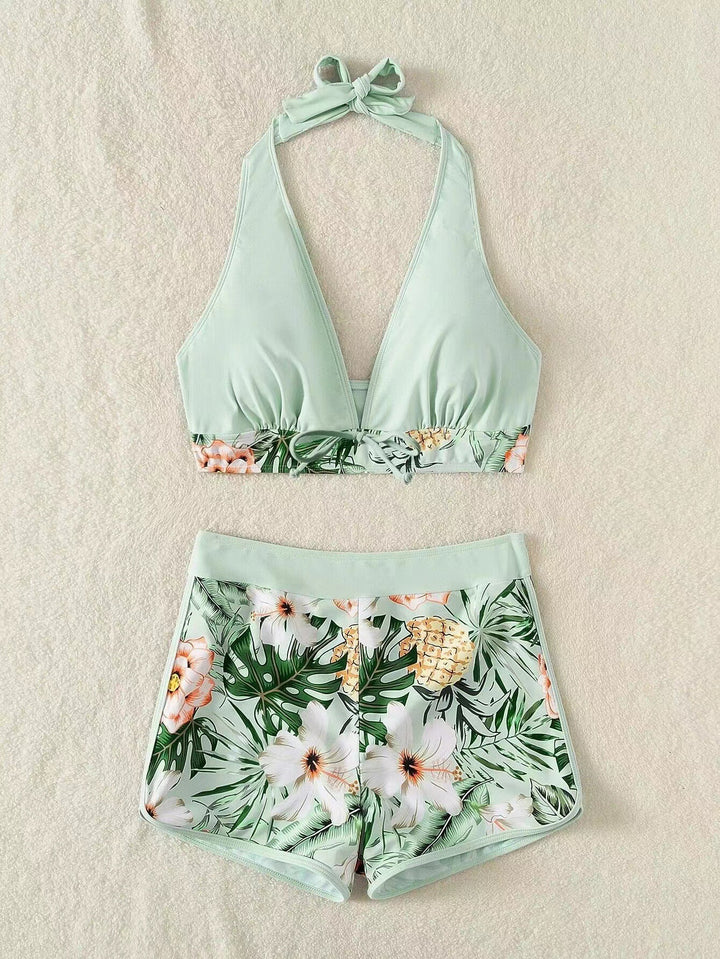 Damen Sportliches Bikini-Set mit geflochtenem Oberteil und gemusterter Shorts Drune