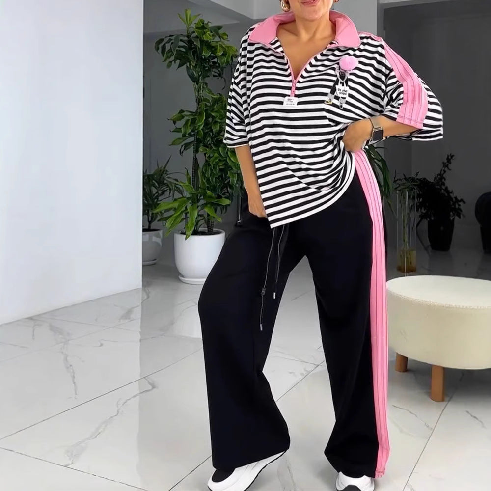 Damen nan lässiges zweiteiliges Polo-Lounge-Set mit Oversize-Streifen, Pompom-Applikation und kontrastierenden Seitenbahnen Drune