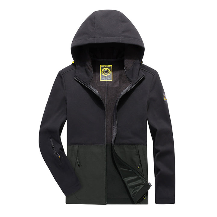 Herren leichte Softshell‑Outdoorjacke mit Kapuze, windabweisender Front und funktionalen Taschen Drune
