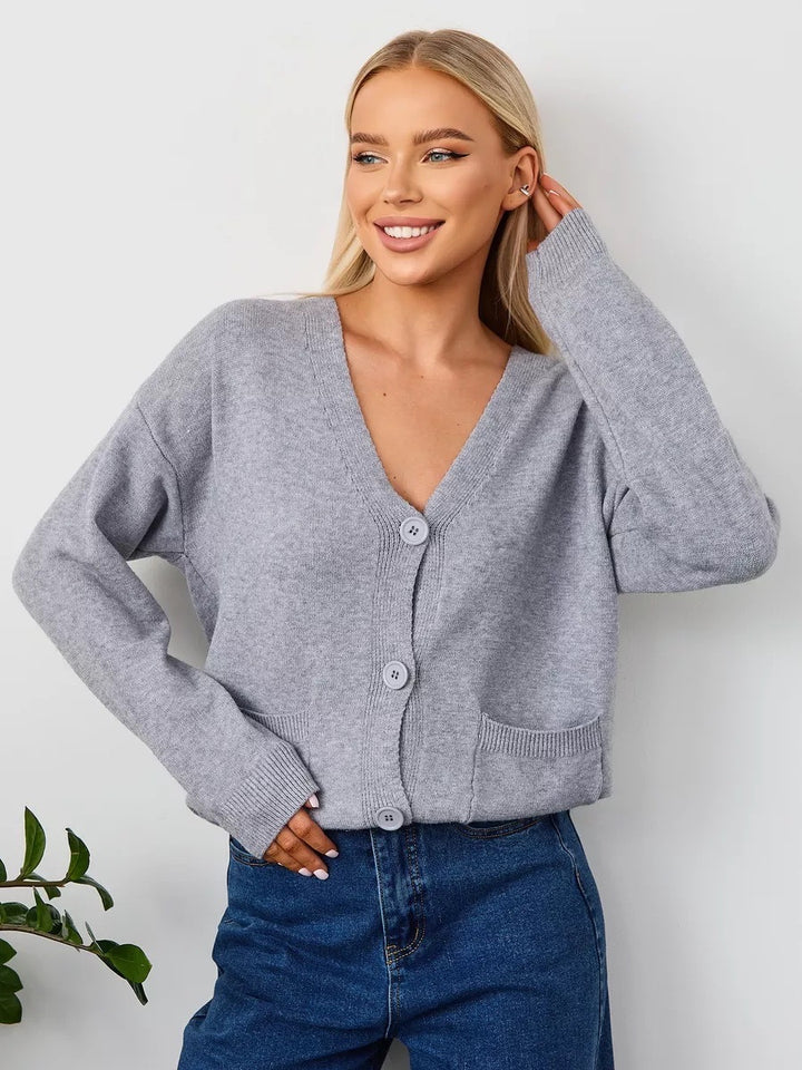 Damen Grobstrick-Cardigan mit tiefem V-Ausschnitt und praktischen Taschen Drune