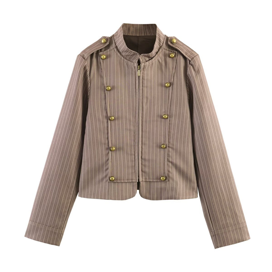 Damen Kurzgeschnittene militärinspirierte Jacke mit Stehkragen und doppelter Zierknopfreihe Drune