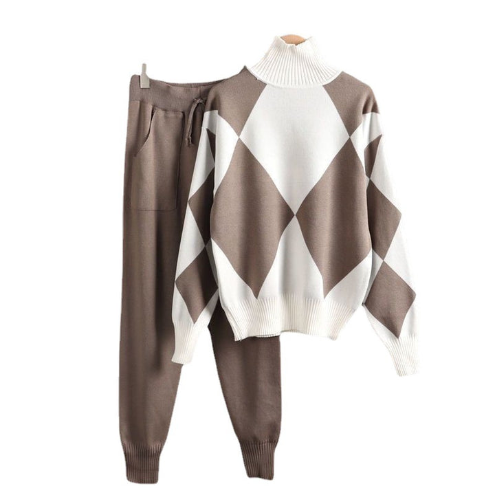 Damen stylisches Freizeitstrickset mit hohem Kragen Drune