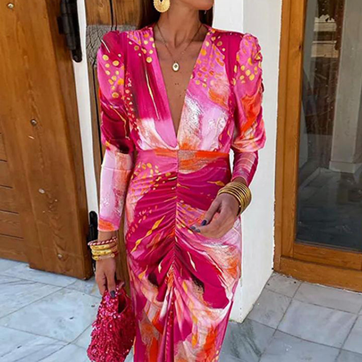 Damen Maxikleid mit stilvollem V-Ausschnitt und luxuriösen Puffärmeln Drune