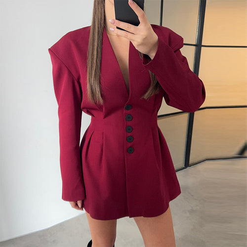 Damen trendiges Blazer-Kleid mit strukturierten Schultern und tiefem V-Ausschnitt Drune