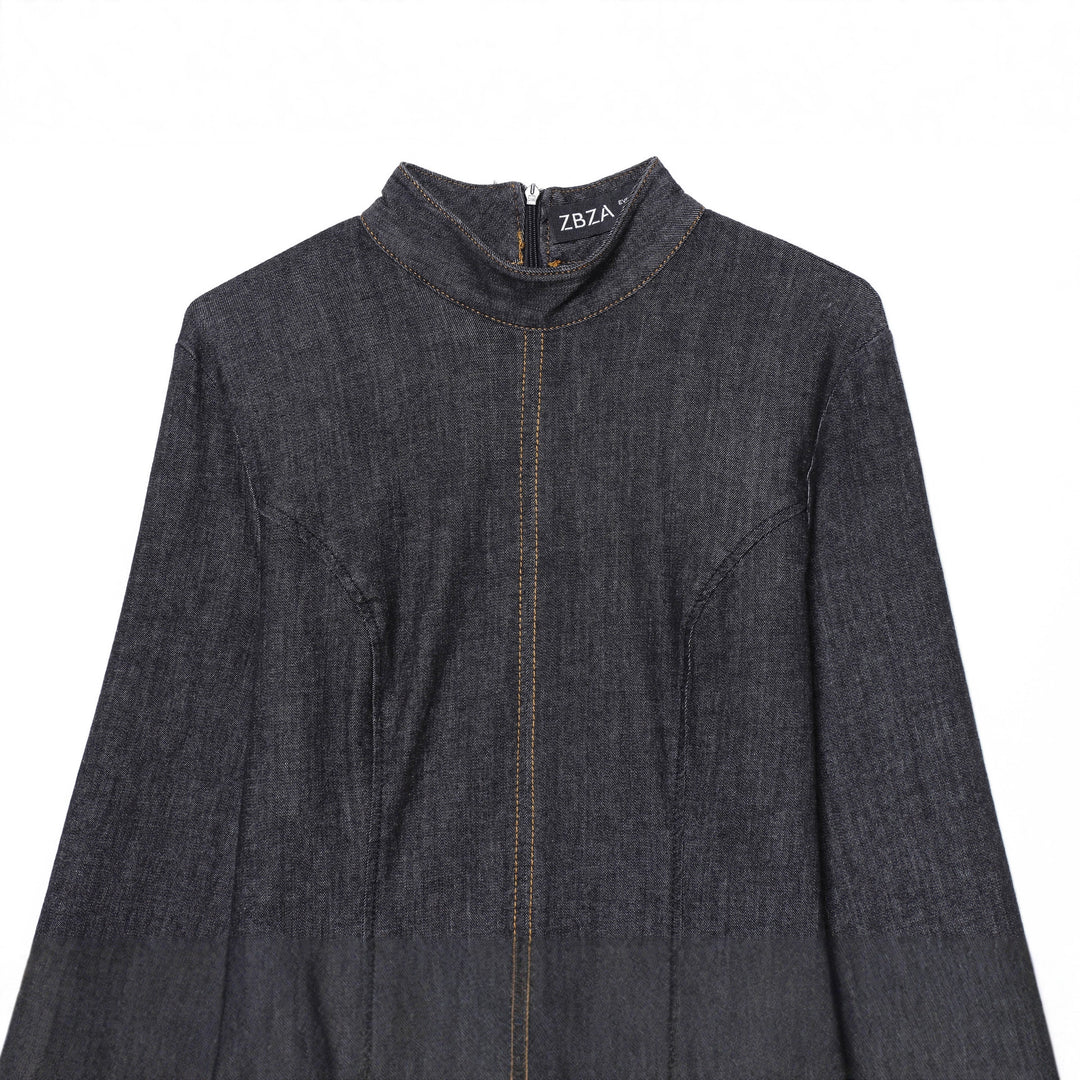 Damen nan tailliertes Denim-Midikleid mit Stehkragen, sichtbarer Mittelnaht und figurformenden Teilungsnähten Drune