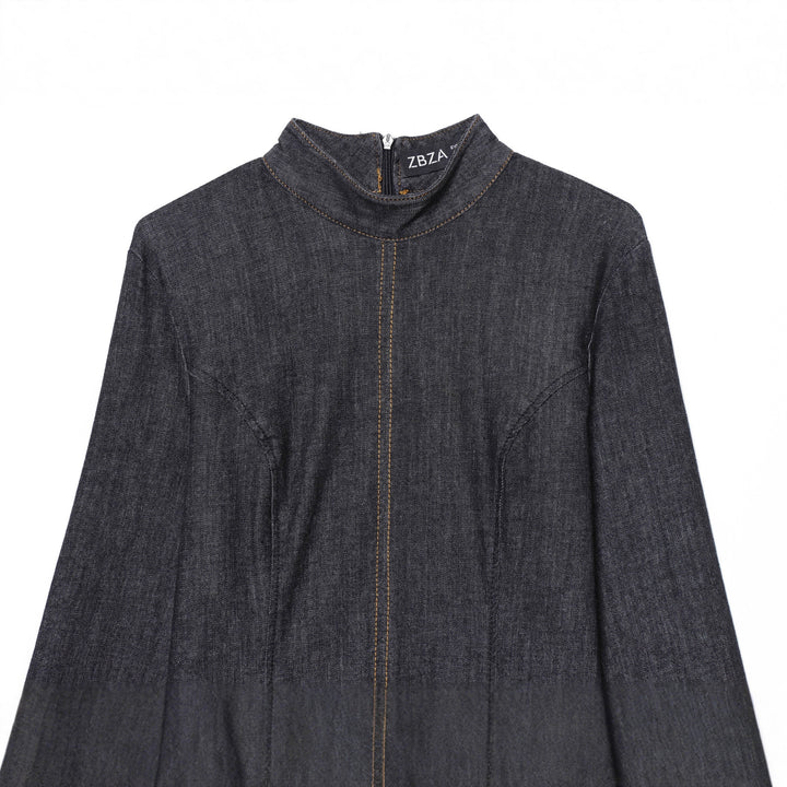 Damen nan tailliertes Denim-Midikleid mit Stehkragen, sichtbarer Mittelnaht und figurformenden Teilungsnähten Drune