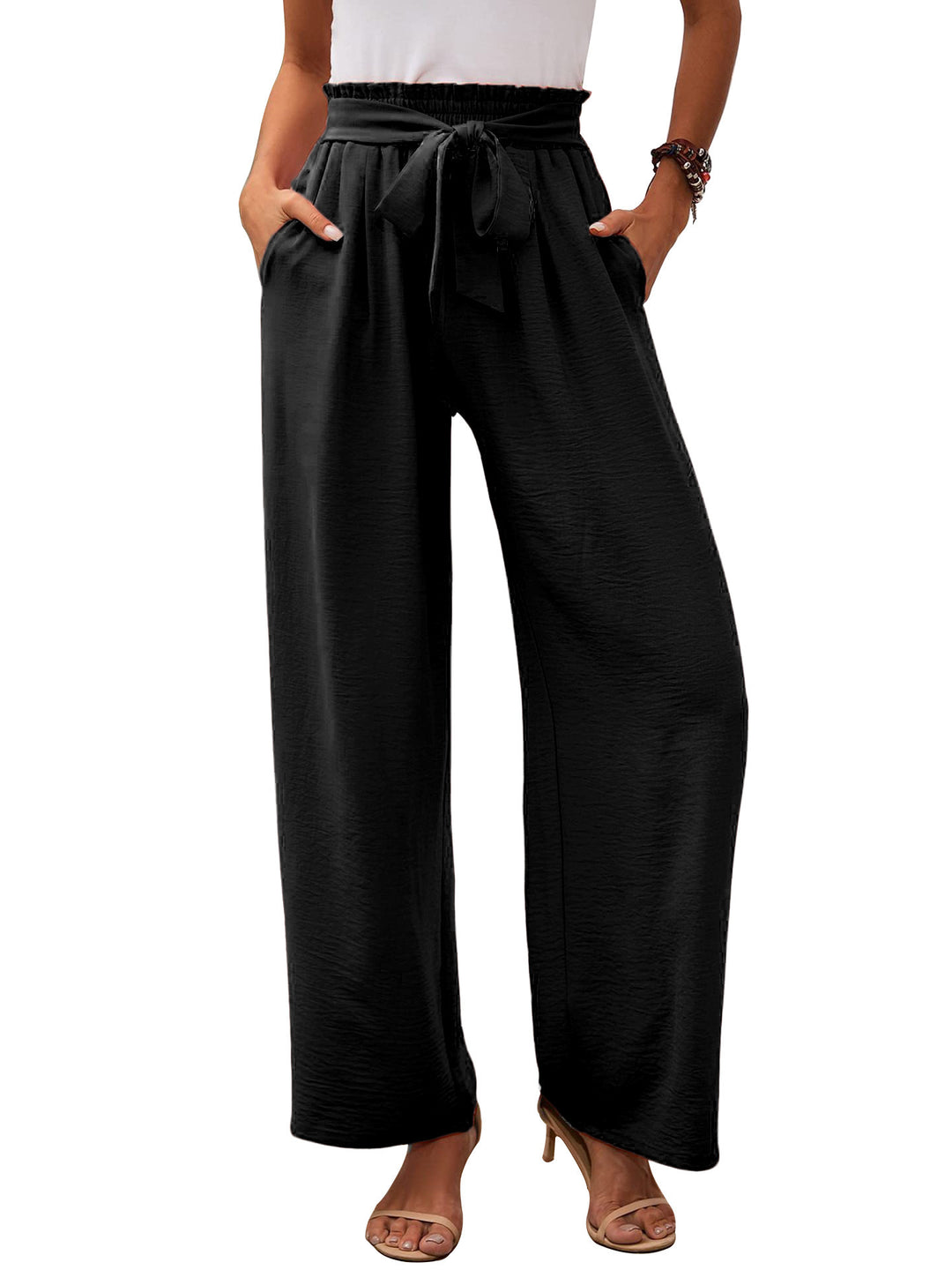 Damen Paperbag-Hose mit weitem Bein, elastischer Taille und Bindegürtel Drune