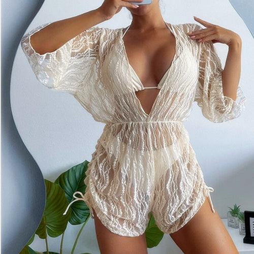 Damen Strandüberwurf mit elegantem Spitzenmuster und taillierten Details Drune