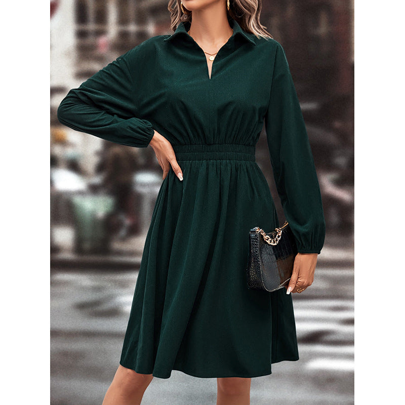 Damen elegantes Midi-Kleid mit Taillengummi und Puffärmeln Drune