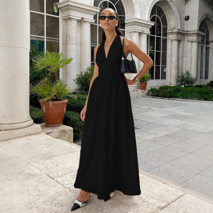 Damen Elegantes Maxikleid mit tiefem V-Ausschnitt und fließendem Schnitt Drune