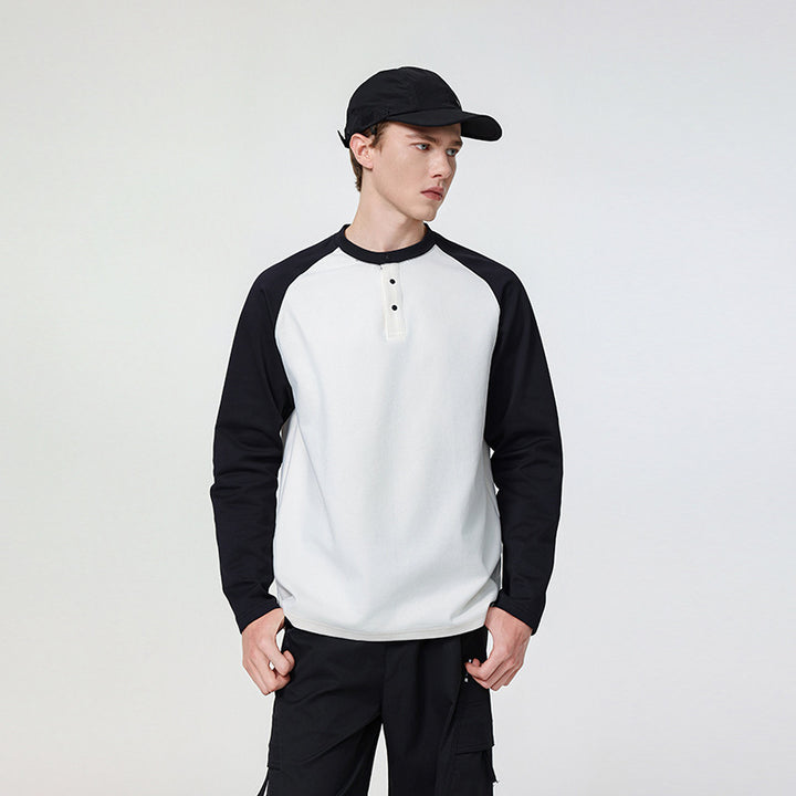 Herren Langarm-Henley-Sweatshirt mit Raglanärmeln, Relaxed-Fit und Knopfleiste Drune