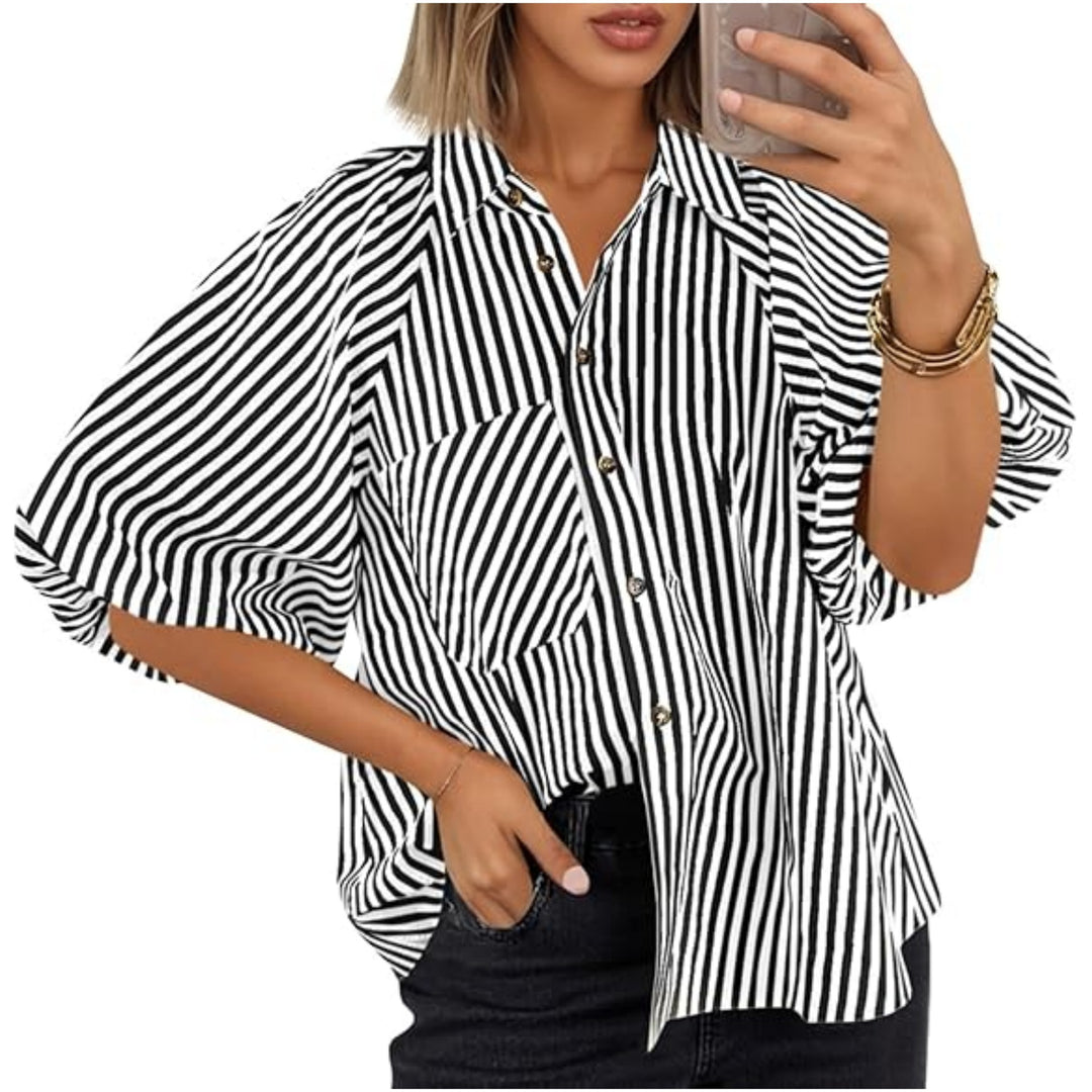 Damen Oversize Hemdbluse mit Ballonärmeln und vertikalem Streifenmuster Drune