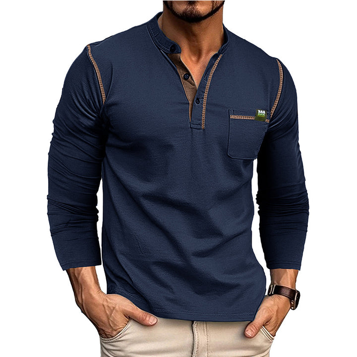 Herren Langarm-T-Shirt mit modernem Kragen und Brusttasche Drune