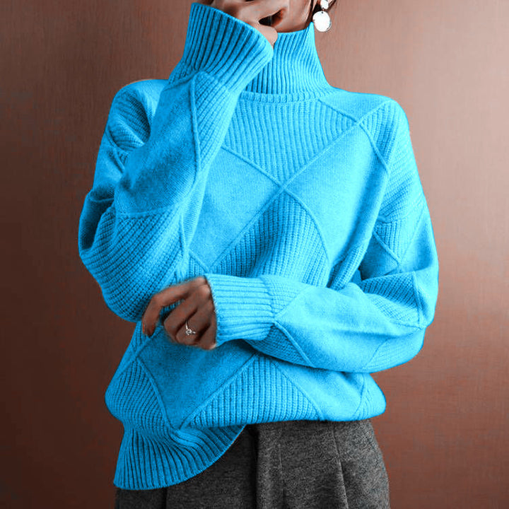 Damen nan weit geschnittener Strickpullover mit hohem Rollkragen und Rautenmuster Drune