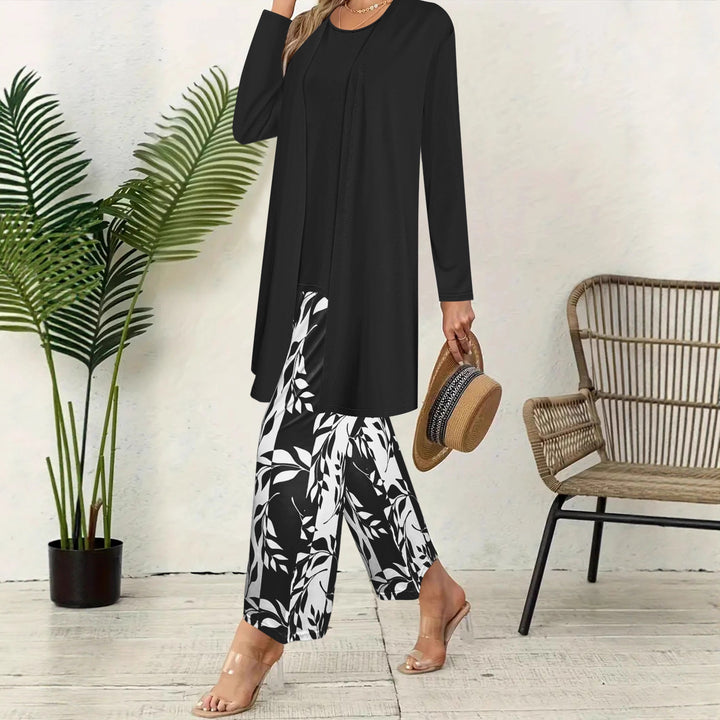 Damen Lang geschnittener offener Feinstrick-Cardigan mit geradem Saum und Palazzo-Hose im Blattprint Set Drune