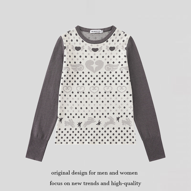 Damen Feinstrick-Pullover mit Jacquard-Motiv, Rundhalsausschnitt und Kontrastärmeln Drune