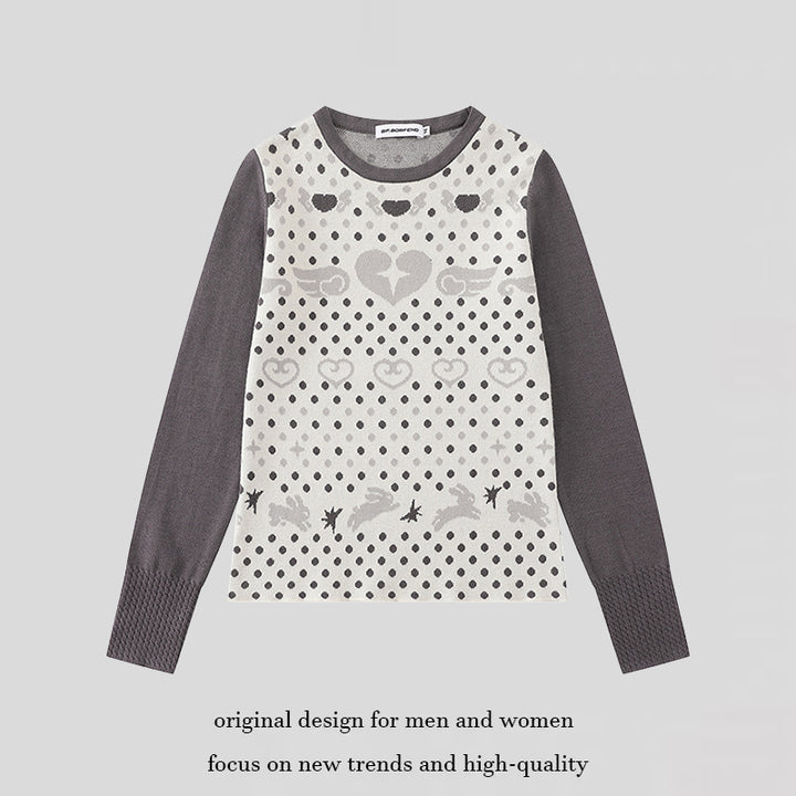 Damen Feinstrick-Pullover mit Jacquard-Motiv, Rundhalsausschnitt und Kontrastärmeln Drune