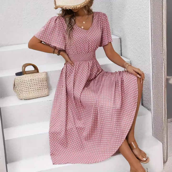 Damen Maxikleid im verspielten Punktdesign mit voluminösen Ärmeln und tiefem V-Ausschnitt Drune