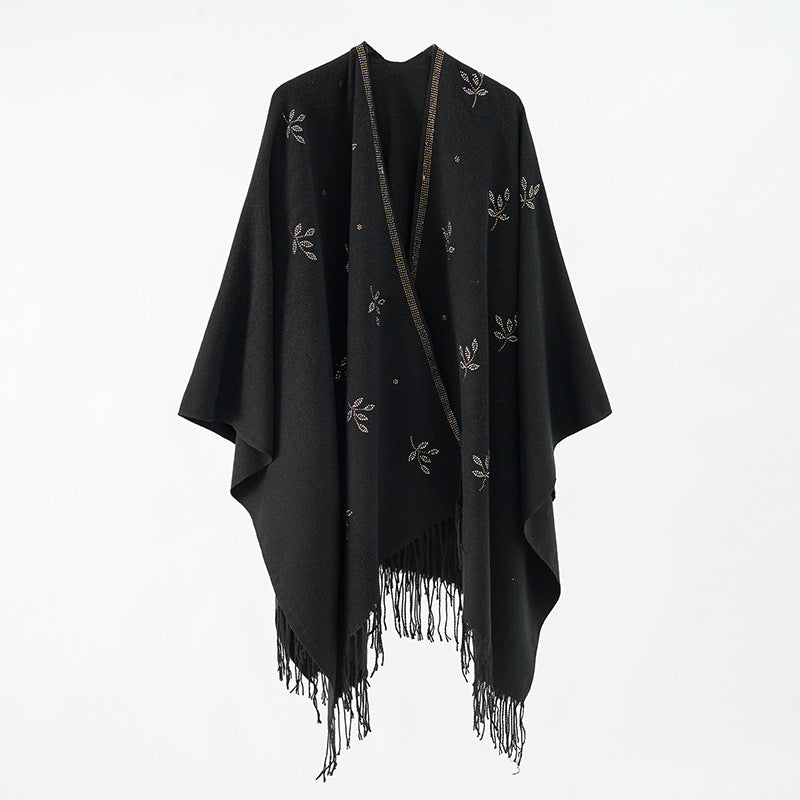 Damen bestickter Fransenponcho im Cape‑Stil aus Wollmix Drune