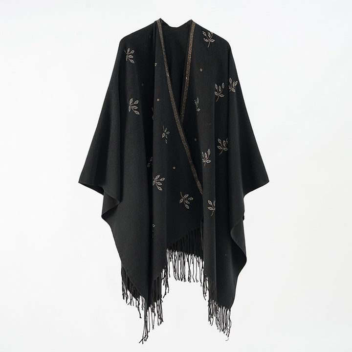 Damen bestickter Fransenponcho im Cape‑Stil aus Wollmix Drune