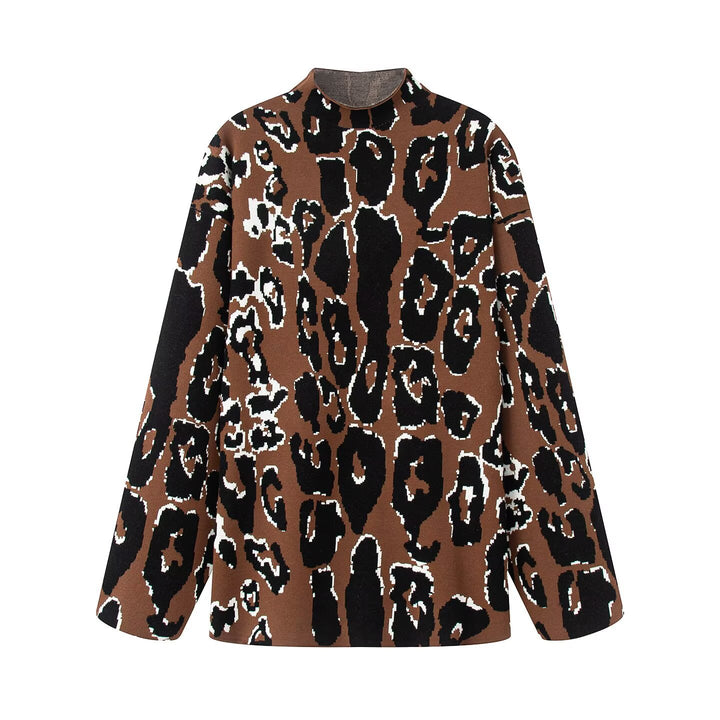 Damen Oversize Strickpullover mit Stehkragen und Jacquard-Leopardenmuster Drune