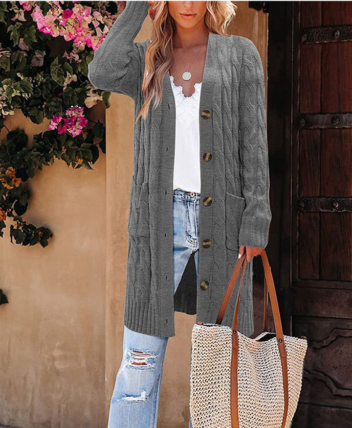 Damen Grobstrick Cardigan mit tiefen Taschen und dekorativem Zopfdesign Drune